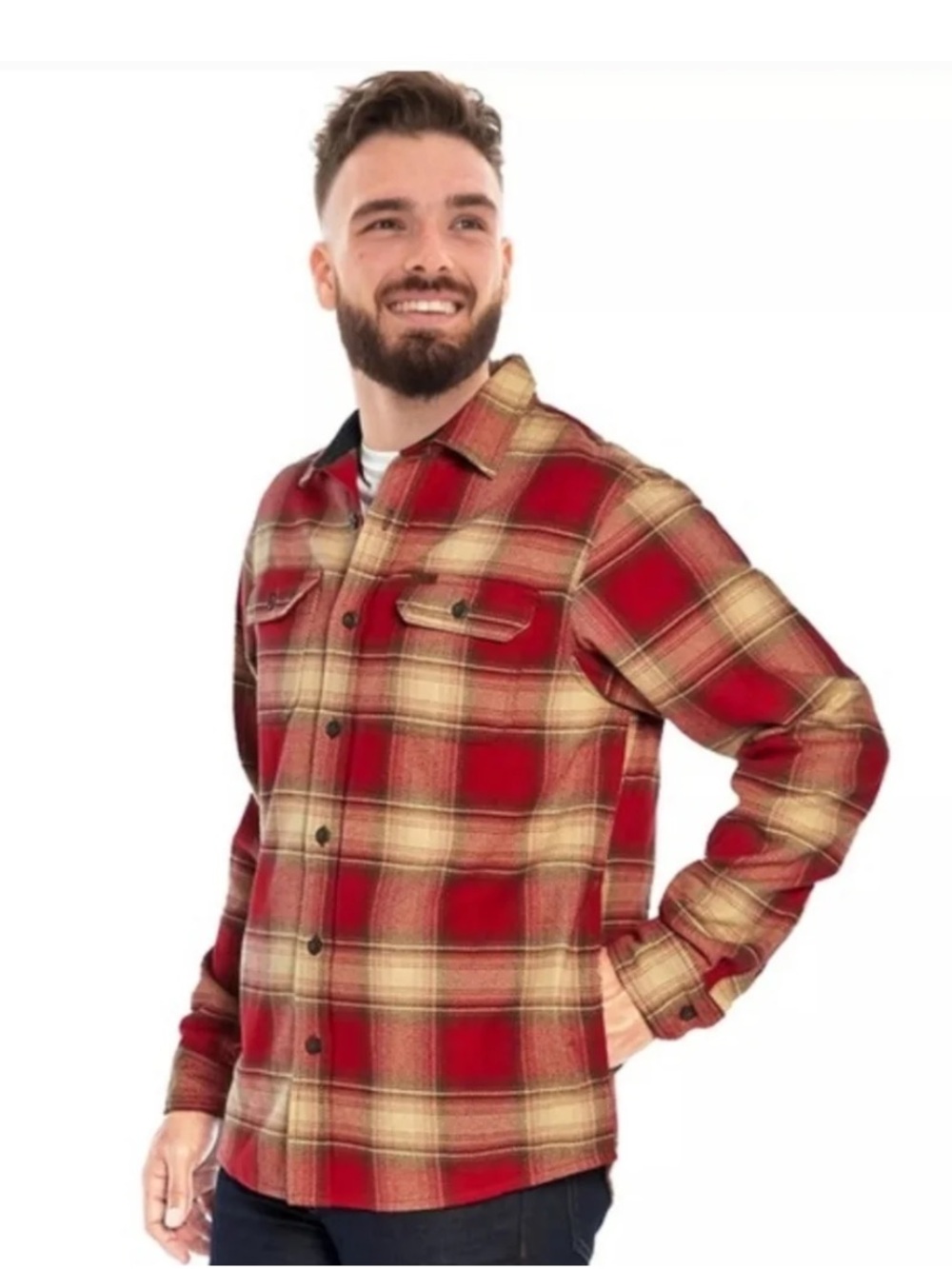 Men’s Orvis Plaid button down flannel shirt jacket pockets red size medium